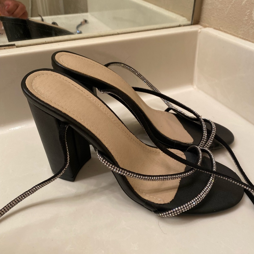 Rhinestone Black Strappy Heeled Sandals